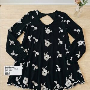 Free People Black Embroidered Long Sleeve Cutout Dress